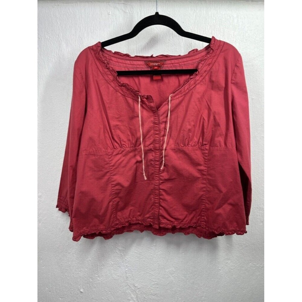SUNDANCE WOMENS 12 CROP BUTTON UP 3/4 SLEEVE RUFFLE NECK BLOUSE